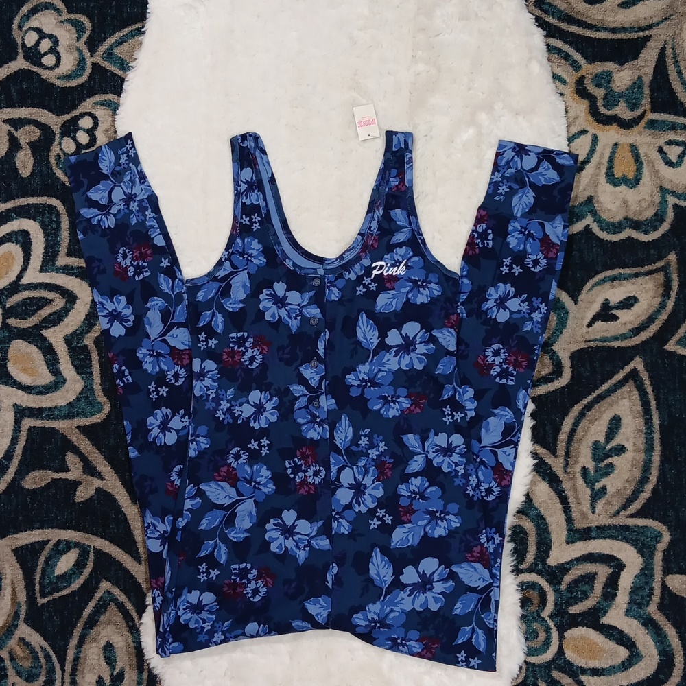 New VS PINK blue floral print sleeveless pajama jumpsuit sz small